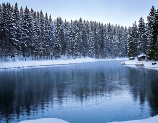Serene winter landscape with a frozen lake reflecting snow-covered pine trees