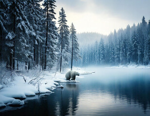 A majestic polar bear stands at the edge of a frozen lake in a snowy winter landscape