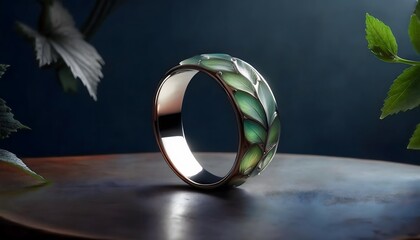 Fototapeta premium Nature-inspired ring with leaf motifs, organic shapes, 3D illustration, ring jewelry, trendy, aesthetic.