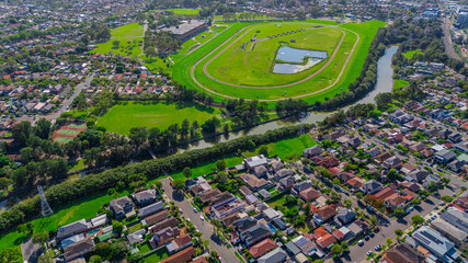 Panorama aerial drone view of western Sydney Suburbs of Canterbury Burwood Ashfield Marrickville...