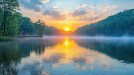 Fototapeta premium A serene sunrise over a calm lake, reflecting vibrant colors and surrounded by lush trees.