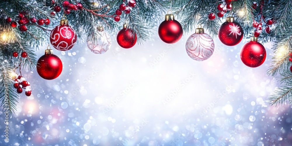 Poster fir branches elegantly complement the festive baubles displayed.