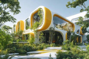 Eco-friendly futuristic designs integrating technological advancements with nature.