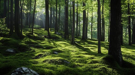 Obraz premium Sunbeams in a mossy forest. Nature, peace, tranquility.