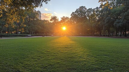 Obraz premium A serene sunset over a green park, casting long shadows and illuminating the landscape.
