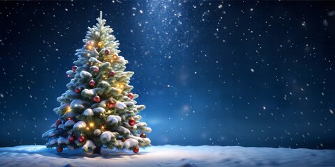 Snow covered Christmas tree shines brightly in winter night