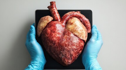 Creative Depiction of Human Heart on a Tablet by Hands in Medical Gloves, Showcasing Heart Anatomy and Technology Integration in Conceptual Imagery for Healthcare