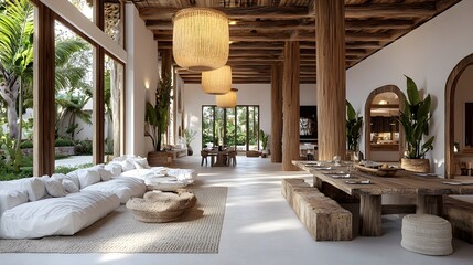 Fototapeta premium Spacious modern living area with natural wood accents and tropical plants.