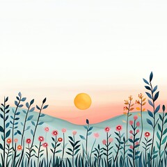 Obraz premium whimsical cute water color Vibrant flowers against a serene sunset backdrop.