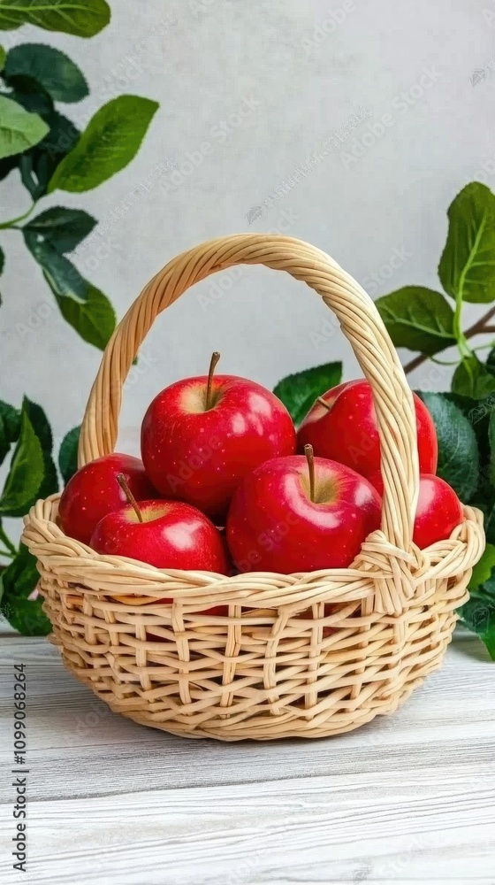 Poster fresh red apples in a charming wicker basket on a rustic wooden table with bright white background f