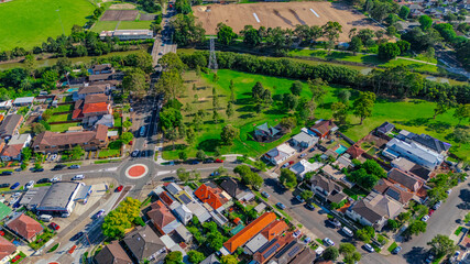 Panorama aerial drone view of western Sydney Suburbs of Canterbury Burwood Ashfield Marrickville...
