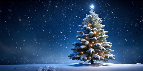 Snow-covered Christmas tree glows in winter wonderland night