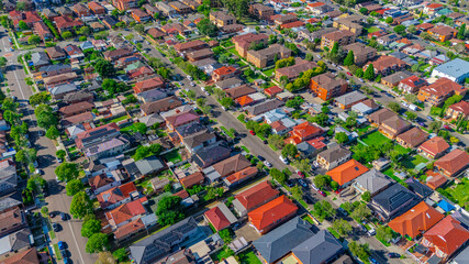Panorama aerial drone view of western Sydney Suburbs of Canterbury Burwood Ashfield Marrickville...