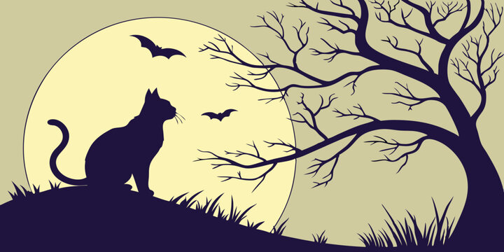 Halloween inspired midnight yellow eyes cat silhouette against the full moon.
