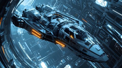 Fototapeta premium Futuristic Spaceship Navigating A Complex Space Station