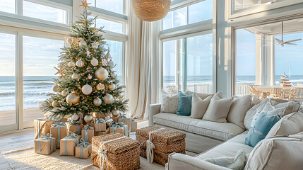 cozy oceanfront living room features large Christmas tree adorned with gold ornaments, surrounded by beautifully wrapped gifts. serene view of ocean enhances festive atmosphere