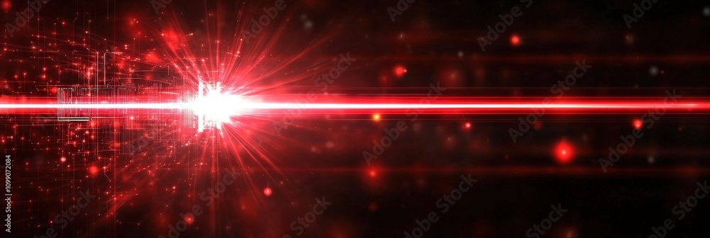 Poster stunning abstract red laser beam illuminates dark background with dynamic sparkles and glowing parti