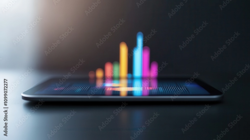 Poster a sleek tablet displays vibrant, colorful data visualizations, suggesting analytics or digital perfo