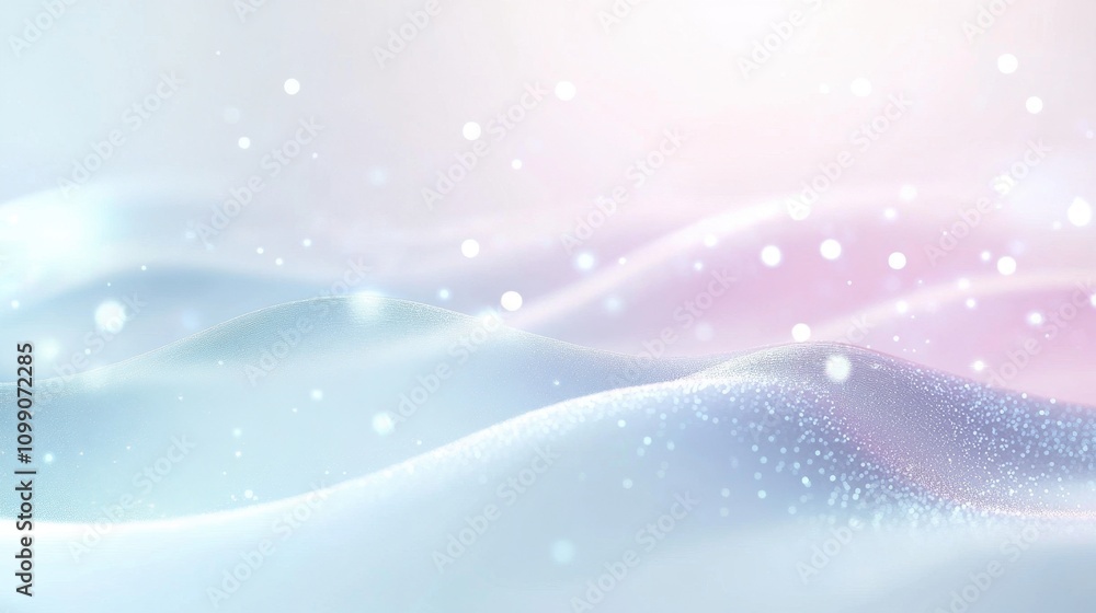 Poster soft, ethereal waves with a light pastel gradient and sparkling particles.