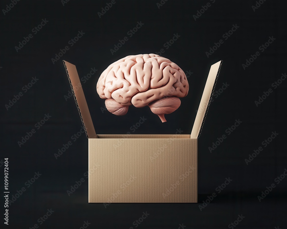 Poster a brain emerges from an open box, symbolizing creativity, knowledge, and the exploration of thoughts