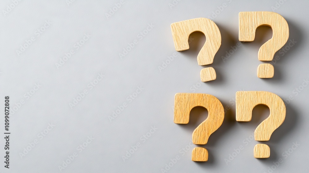 Poster three wooden blocks with question marks on a gray surface inviting curiosity and exploration of new 