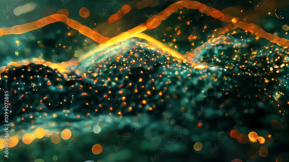 Poster abstract waves with glowing golden light particles, creating a sense of futuristic energy and digita
