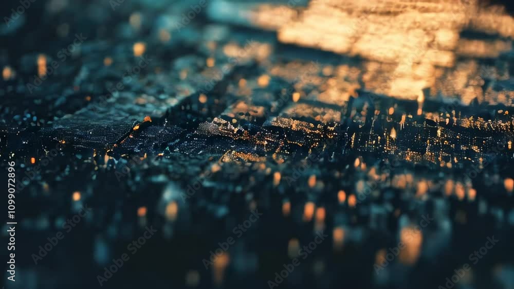Poster abstract futuristic cityscape with illuminated grid patterns and glowing lights, creating a high-tec