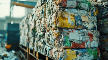 Fototapeta premium Stacked Bales of Recycled Paper and Cardboard in a Warehouse Environment Highlighting Sustainable Waste Management Practices and Recycling Efforts