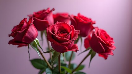 Obraz premium A bouquet of fresh red roses set against a pink background, symbolizing love and passion.