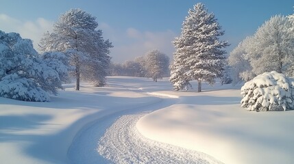 Obraz premium A serene winter landscape with snow-covered trees and a winding path.