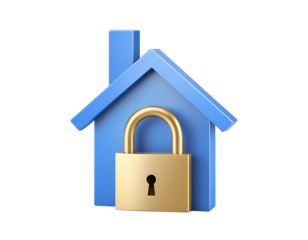 A blue house icon with a golden padlock in the foreground, isolated on a white background. Represents home security, protection, and safety.