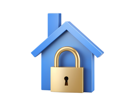 A blue house icon with a golden padlock in the foreground, isolated on a white background. Represents home security, protection, and safety.