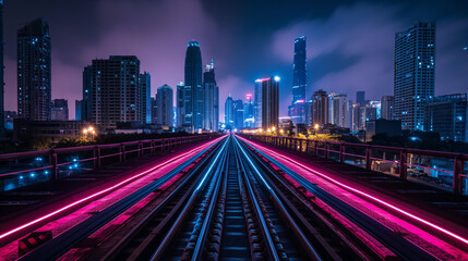 Fototapeta premium A futuristic high-speed railway track glowing with neon lights at night