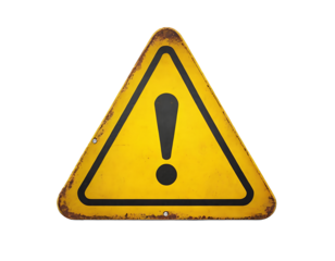 A triangular yellow warning sign with a black exclamation mark, showing signs of wear and tear.  Perfect for conveying caution, danger, and safety messages.