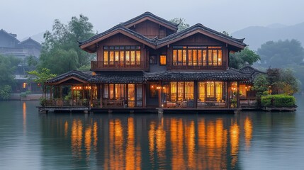 Obraz premium A serene wooden house on water, illuminated at dusk, reflecting warm lights.