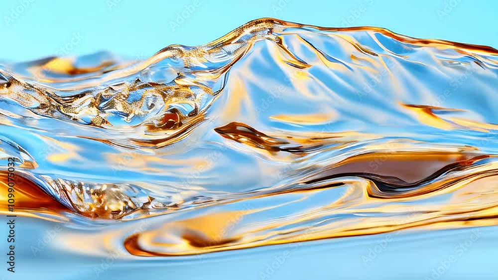 Poster an abstract fluid design with gold and blue tones, mimicking flowing liquid with a glossy and reflec