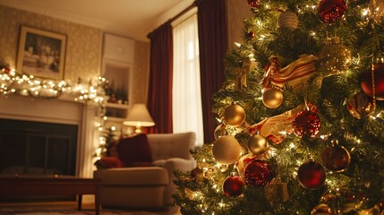 Decorated Christmas Tree In Cozy Living Room
