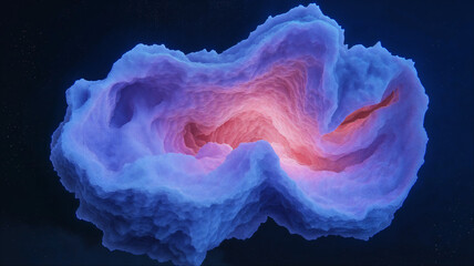 Glowing abstract organic geode crystal object with neon purple and pink hues, Surreal and futuristic artistic elemental concept