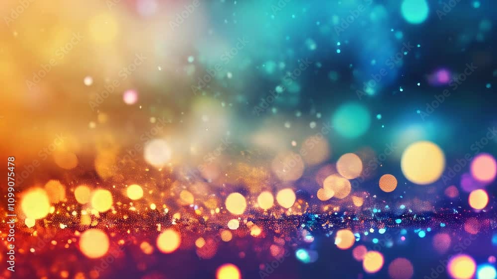 Poster a vivid abstract background featuring a gradient of blue, orange, and yellow bokeh lights, creating 