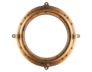 A vintage brass porthole with a clear glass window and functional hinges, isolated on a white background.  Evokes nautical themes, maritime history, and seafaring adventures.