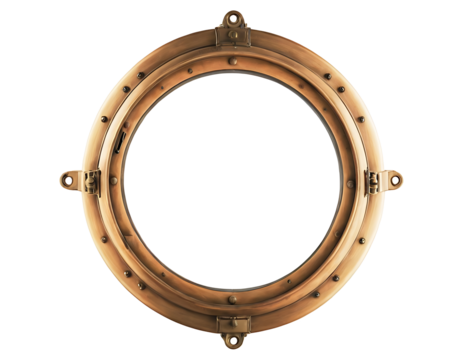 A vintage brass porthole with a clear glass window and functional hinges, isolated on a white background.  Evokes nautical themes, maritime history, and seafaring adventures.
