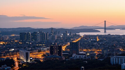 Fototapeta premium Generative AI, Sprawling Urban Skyline with a Suspension Bridge at Sunset