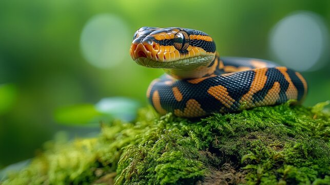 Exotic ball python slithering across lush moss in a tropical forest wildlife photography nature's beauty vibrant environment close-up perspective
