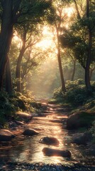 Fototapeta premium Forest Stream at Golden Hour: A Serene Landscape Photography