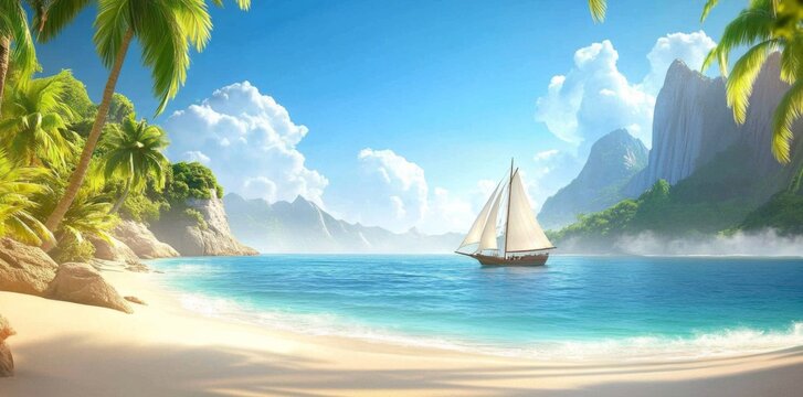 Beautiful tropical beach scene sailboat distance sandy has moana background featuring