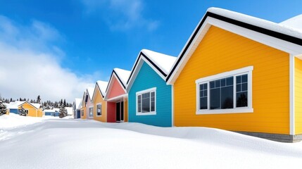 A photostock of pastel-colored houses with snowy rooftops, evoking a cozy and festive winter village setting. High Quality