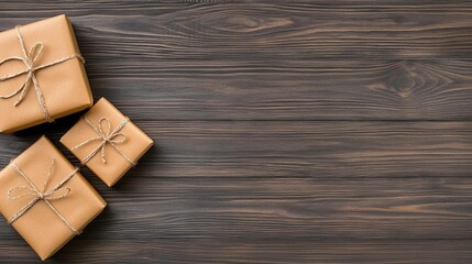 Fototapeta premium A photostock of wrapped gift boxes with brown paper and twine on a textured wooden background, representing minimalist holiday packaging. High Quality