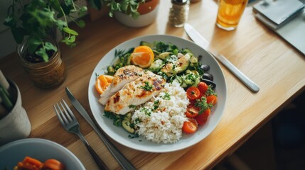 White plate with rice and vegetables