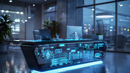 A modern office desk with a glowing augmented display of biometric security scans, showing encrypted IDs and real-time access logs.