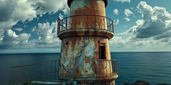 Forgotten lighthouse with rusted stairs and broken light, 4K , Video